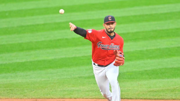 Oct 3, 2022; Cleveland, Ohio, USA; Cleveland Guardians shortstop Gabriel Arias (8) throws to first base in the third inning against the Kansas City Royals at Progressive Field. Mandatory Credit: David Richard-USA TODAY Sports